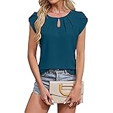Blooming Jelly Women's Dressy Casual Blouses Business Short Sleeve T Shirts Summer Work Top Pleated Keyhole Shirts