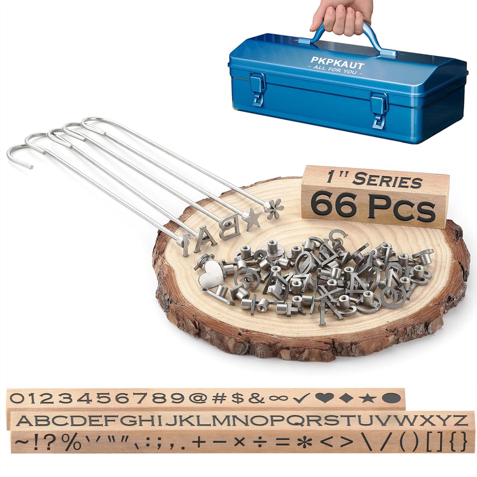 Photo 1 of PKPKAUT 66Pcs 1" Numbers/Alphabets/Punctuation Marks Custom Wood Branding Iron Personalized for Wood Working, Leather Hats, Steak, BBQ Brander & Bread Logo, Personalized Steak Branding Iron for Food