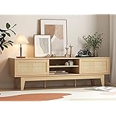 Boho TV Stand for 55 65 Inch TV, Rattan Entertainment Center with Shelves, Cabinets and Sliding Doors, TV Media Console Table with Solid Wood Feet & Cord Holes for Living Room, Bedroom, Natural