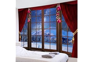 HVEST Winter Tapestry Snow Scene Outside the Vintage Window Tapestries Red Christmas Balls New Year Wall Hanging Blanket for Bedroom Living Room Holiday Party Indie Room Art Decor,92.5x70.9 inch