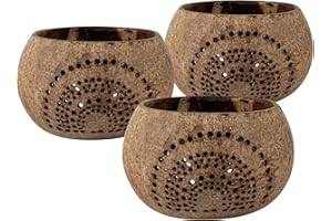 Restaurantware-Coco Casa 4 x 3.3 Inch Coconut Shell Candle Holders, 10 Reusable Tealight Holders - Candle Not Included, Rainbow Pattern, Tan Coconut Bowls For Candles, Handcrafted