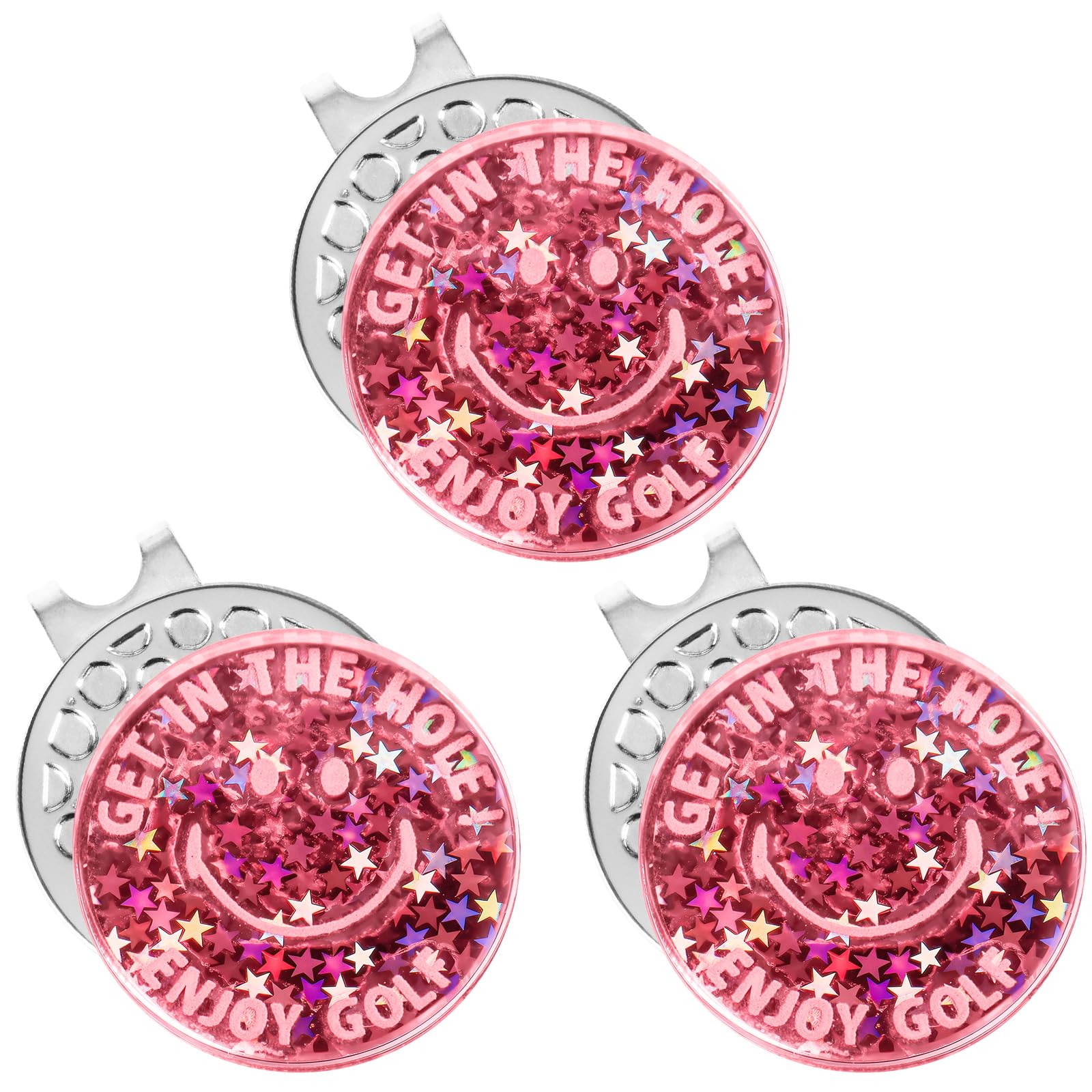 FINGER TEN Acrylic Smiley Face Golf Ball Markers with Magnetic Hat Clips 3 Pack, Holographic Reflective Pitch Markers for Women & Men, Cute Funny Golf Accessories in Pink Blue Yellow (Pink)
