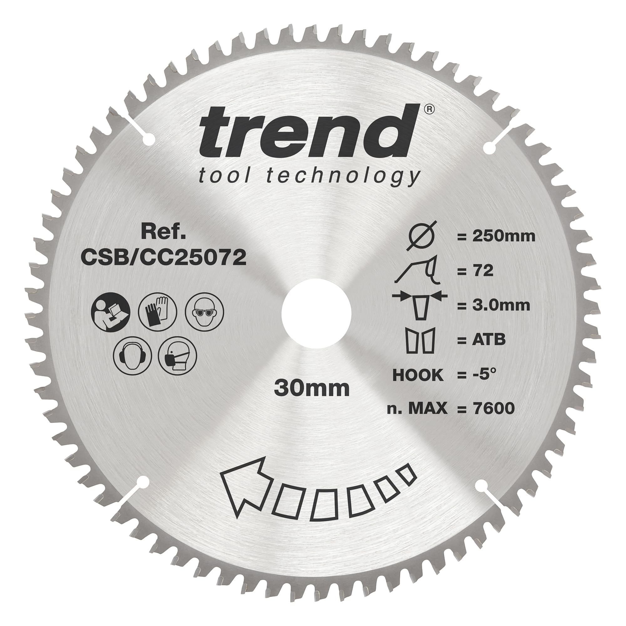 Trend Wood Mitre Saw Blade, 250mm Diameter, 30mm Bore, 72 Teeth, 3mm Kerf, -5° Hook, TCT, Extra-Fine Finish, CSB/CC25072