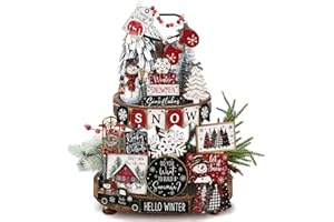 Vercraft 1 Set of Holiday Tiered Tray Decor Christmas Tiered Tray Decorations Set Truck Wooden Signs Farmhouse Table Decorations for Home Table Shelf (Winter Buffalo Plaid)