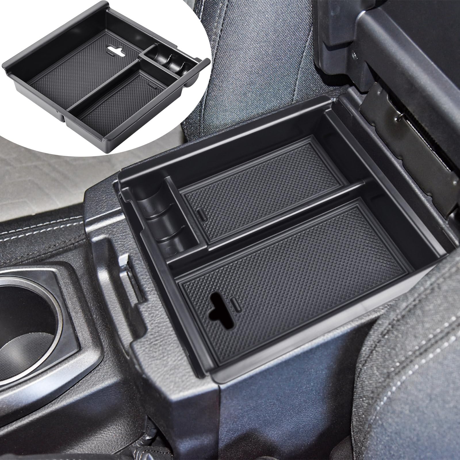 Photo 1 of TACOBRO Center Console Organizer Compatible with Toyota Tacoma Accessories 2016 2017 2018 2019 2020 2021 2022 2023, Interior Armrest Insert Tray Underseat Storage Box, Black Trim