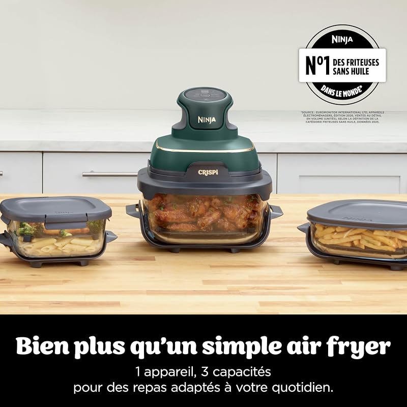 CRISPi Air Fryer Design Compact, 3,8L + 2,3L + 1,4L, 4-en-1: cuisson à l'air chaud, rôtisserie, maintien au chaud, croustillant, 3 récipients en verre amovibles avec couvercles, Vert, FN103EUGN — photo 2 sur 8
