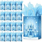 Epakh 16 Pcs Winter Snowflake Gift Bags with Tissue Paper 8.7 x 5.1 x 3.1" Wonderland Party Favor Bag White Blue Goodie Bag with Handle for Holiday Birthday Wedding Baby Shower Party Decorations
