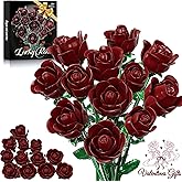 Burgundy Red Rose Bouquet Building Set for Adults Women - 12 Pack Botanical Collection Gift for Christmas Valentine's Day & Mother's Day Artificial Flowers Botanical Collection Centerpiece Retro Decor
