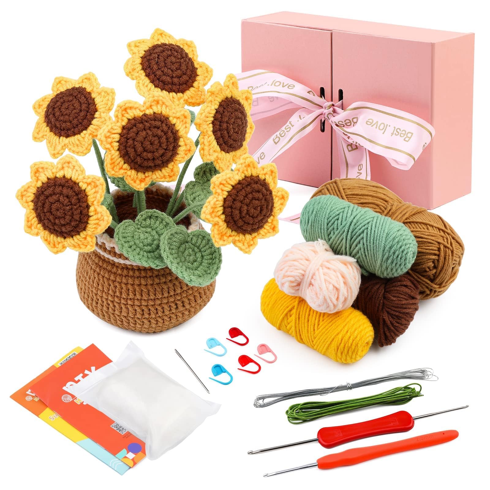 ENCHOL Beginners Crochet Kit, Crochet Kits for Beginners Adults, Complete Crochet Starter Kits, Crochet Potted Flowers, Mother's Day Sunflower Potted DIY Crochet Kits with Step-by-Step Video Tutorials