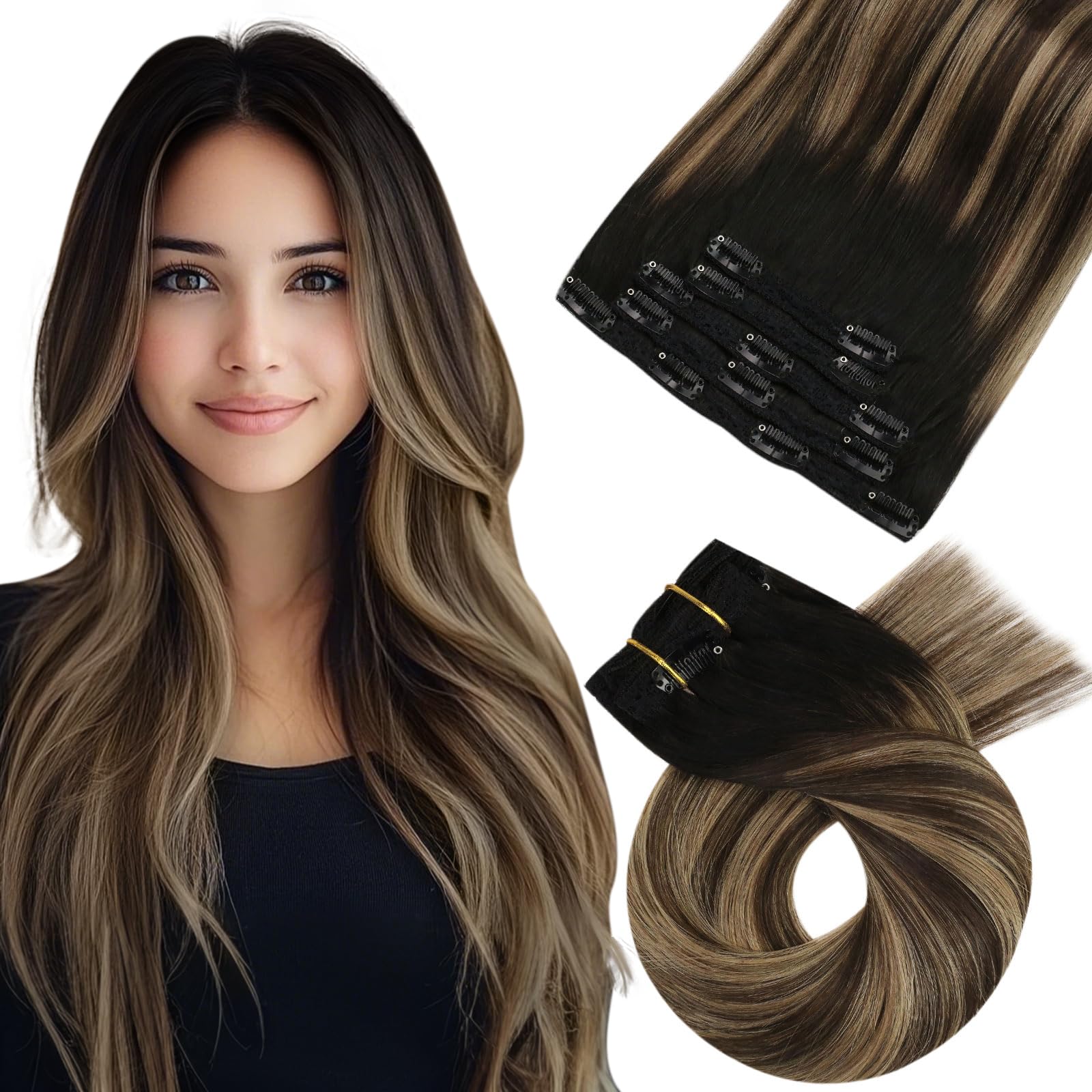 Moresoo Human Hair Extensions Clip in Ombre Real Hair Clip in Extensions Black to Dark Brown with Dark Blonde Double Weft Hair Extensions Real Human Hair 12 inch 5 Pcs/80G #1B/4/14