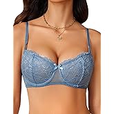Avidlove Women's Sexy Lace Bra Sheer Balconette Underwire Unlined Everyday Bras Lingerie Dark Blue