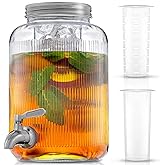 Fluted 1-Gallon Drink Dispenser. Glass Beverage Dispenser with Stainless steel Spigot plus Ice Cylinder and Fruit Infuser! Water Dispenser, Lemonade Stand, Juice Container - Dispensers for Parties