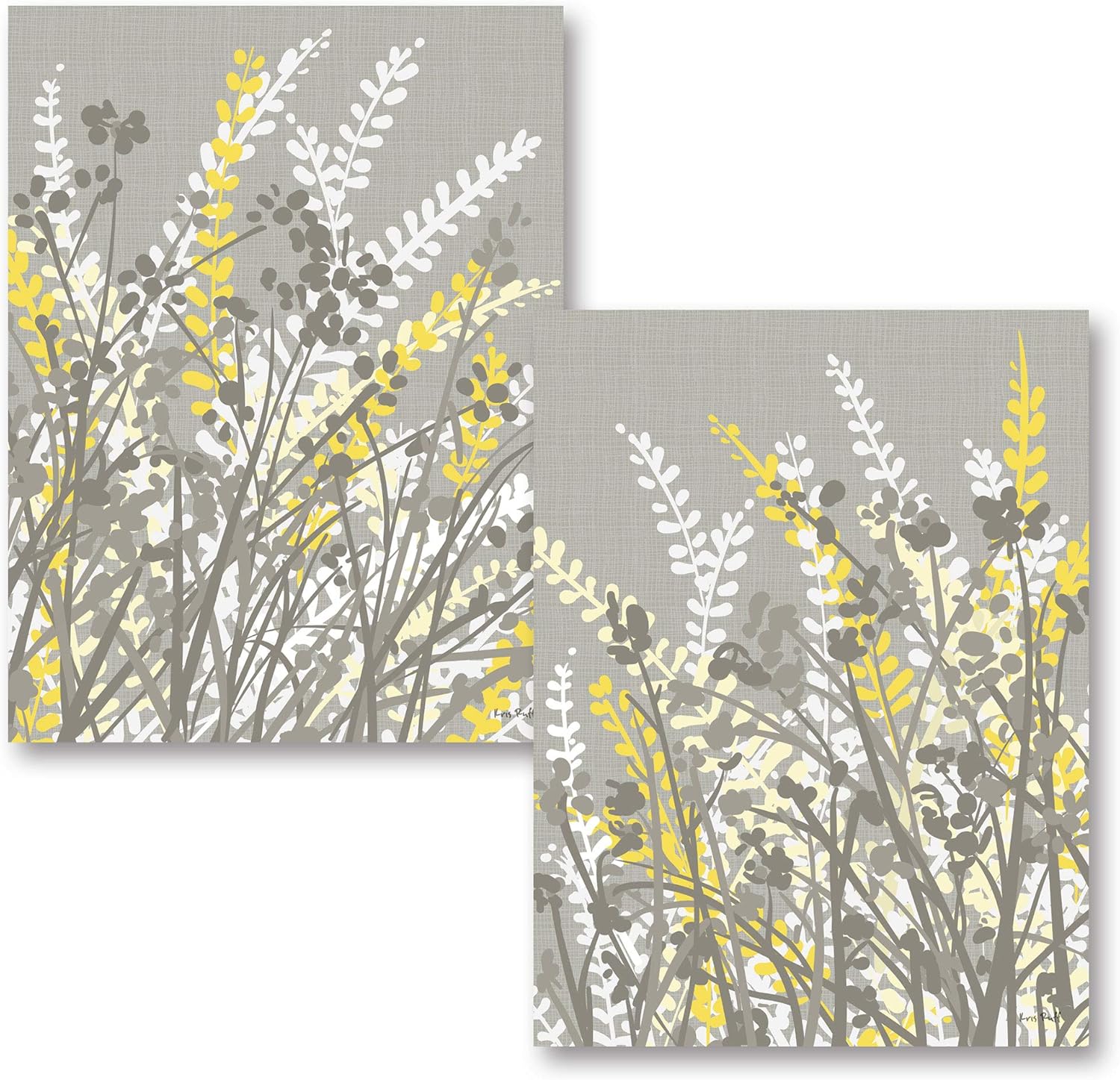 2 Gray White and Yellow Floral Meadow Print Set; Two 11x14in Unframed Paper Posters
