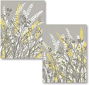 2 Gray White and Yellow Floral Meadow Print Set; Two 11x14in Unframed Paper Posters