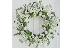 Hometrance Spring Wreath for Front Door with Cream Daisy, Black-Eyed Susan and Ball Berries, 20-22 Inch Outdoor Summer Wreath, Farmhouse Indoor Decor, Flower Wreath for Wedding Home Wall Window Porch