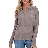 Urban CoCo Womens Long Sleeve V Neck Pullover Polo Sweater Tops Cable Knit Sweaters Winter Trendy Outfits
