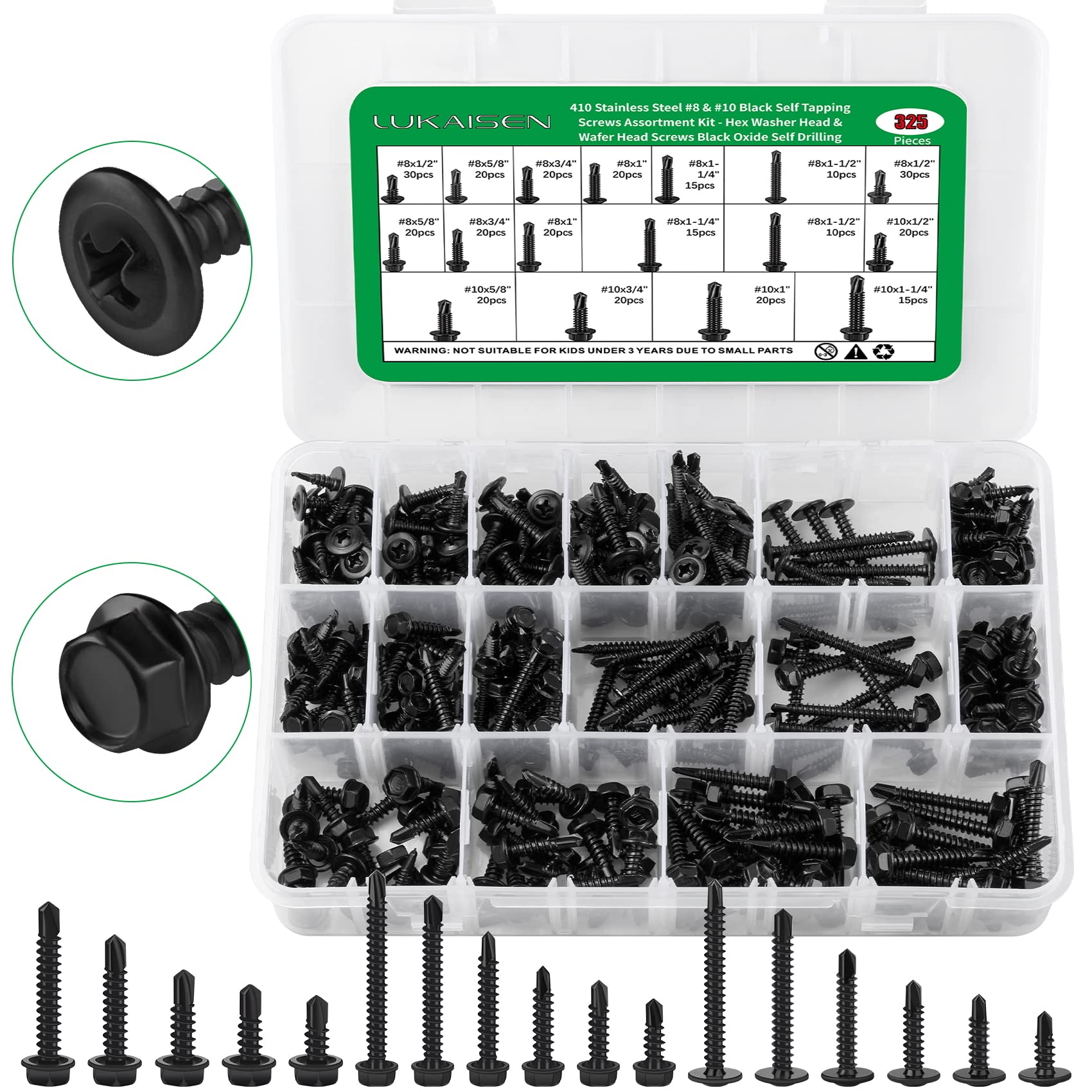 325PCS Self Tapping Screws Assortment Kit, Black Oxide 410 Stainless Steel Sheet Metal Screws for Metal Plastic, Truss & Hex Washer Head #8#10-1/2",5/8",3/4",1",1-1/4",1-1/2"