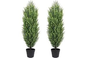 THE BLOOM TIMES 3ft Tall Topiary Trees Artificial Outdoor, UV Resistant Faux Cedar Pine Cypress Bushes Shrubs, 3 Foot Fake Potted Plants for Front Porch Outside Planter Patio Christmas Decor, Set of 2