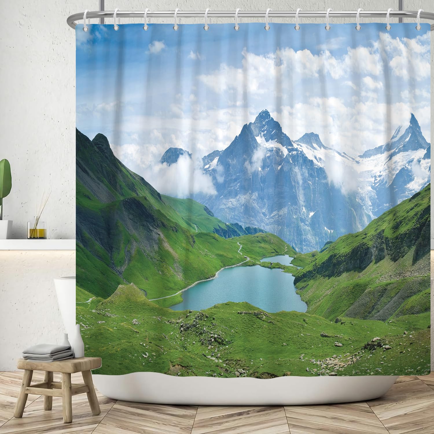 ASDCXZ Landscape Shower Curtain 180x200 cm, Natural Landscape Calm Lake and Green Mountain Bath Washable Shower Curtains Polyester Textile Waterproof Bath Curtain for Bathtub with 12 Hooks — image 1
