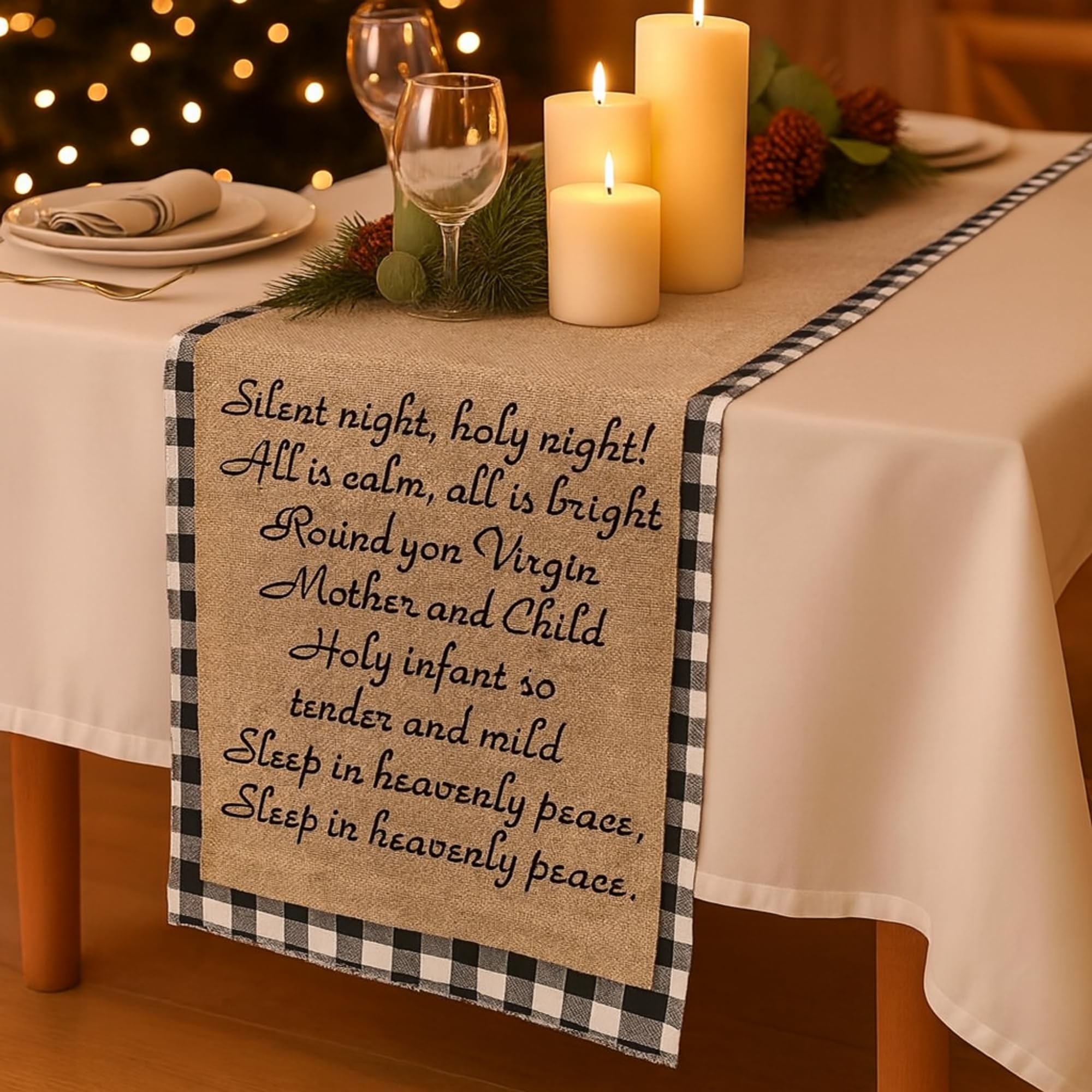 Photo 1 of ****FINAL SALE NOT RETURNS****
Peryiter 2 Pcs Christmas Nativity Table Runner with Night Lyrics 14x72 Inch Black White Plaid 12x65 Inch Linen Holy Night Runner Farmhouse Kitchen Table Decoration for Xmas Dining Party Indoor