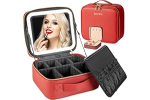 Seoneiro Makeup Travel Bag with LED Lighted Mirror Adjustable Brightness Portable Waterproof Makeup Case with Adjustable Dividers, Make up Train Case Organizer Makeup Brush Accessories and Tool Case