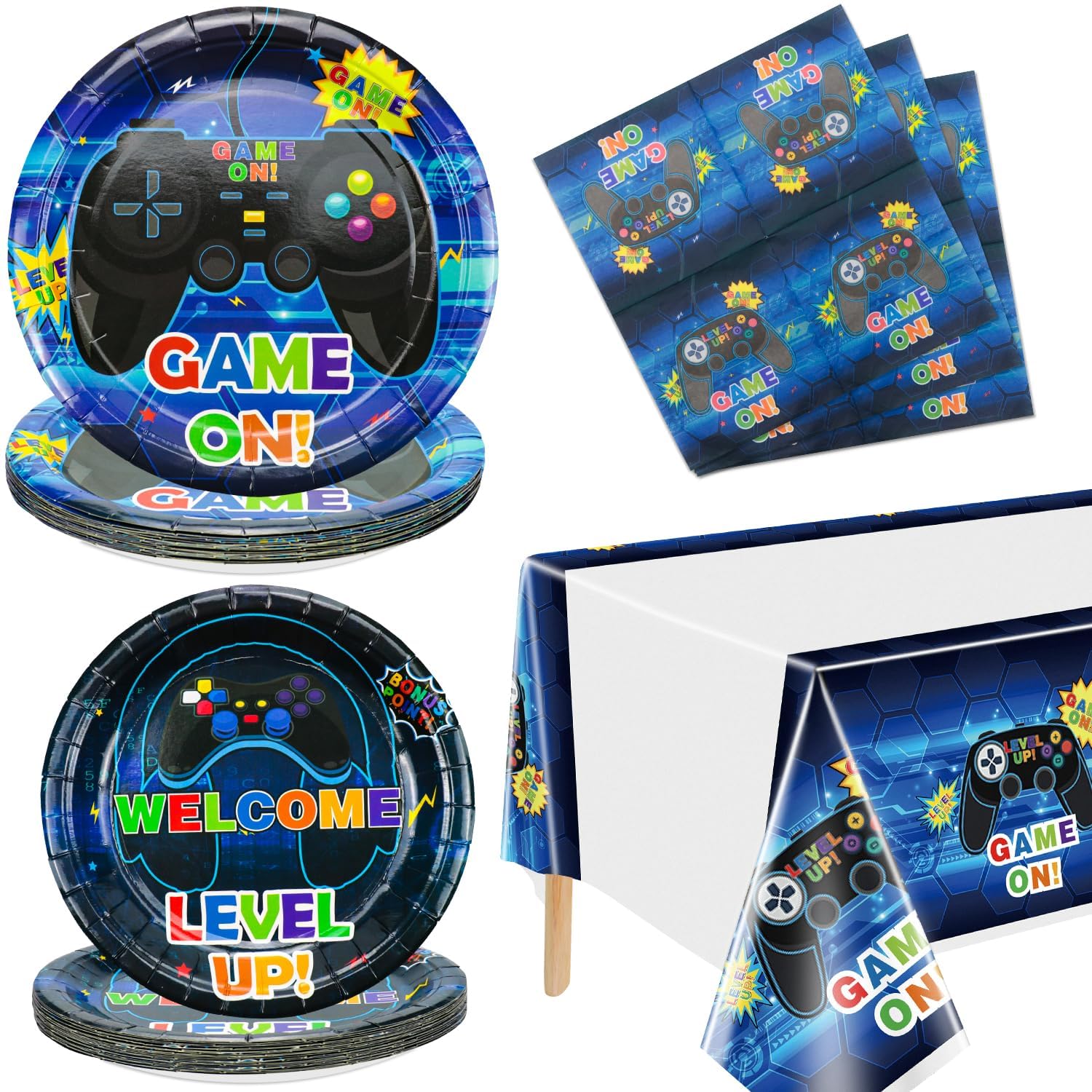 Hegbolke Video Game Party Supplies Serve 20-61Pcs Plates Napkins Tablecloth for Boys Gamer Gaming Controller Party Supplies