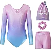 Tstiti Gymnastics Leotards for Girls Long Sleeve Kids Tumbling Gymnastic Outfit Clothes with Shorts Storage Bag