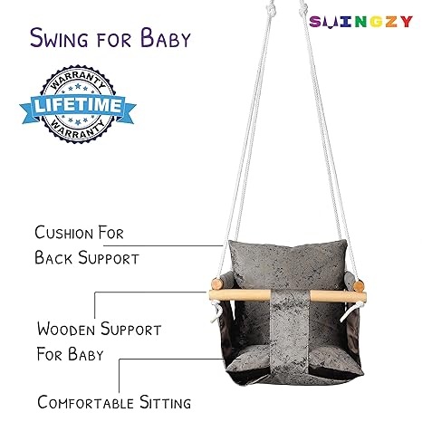 Swingzy Wooden Hanging Swing Seat Chair with Cushions for Baby, Infant, Toddler, Kids - Indoor and Outdoor Hammock, for Tree Swings or Backyard Outside Swing (Grey)