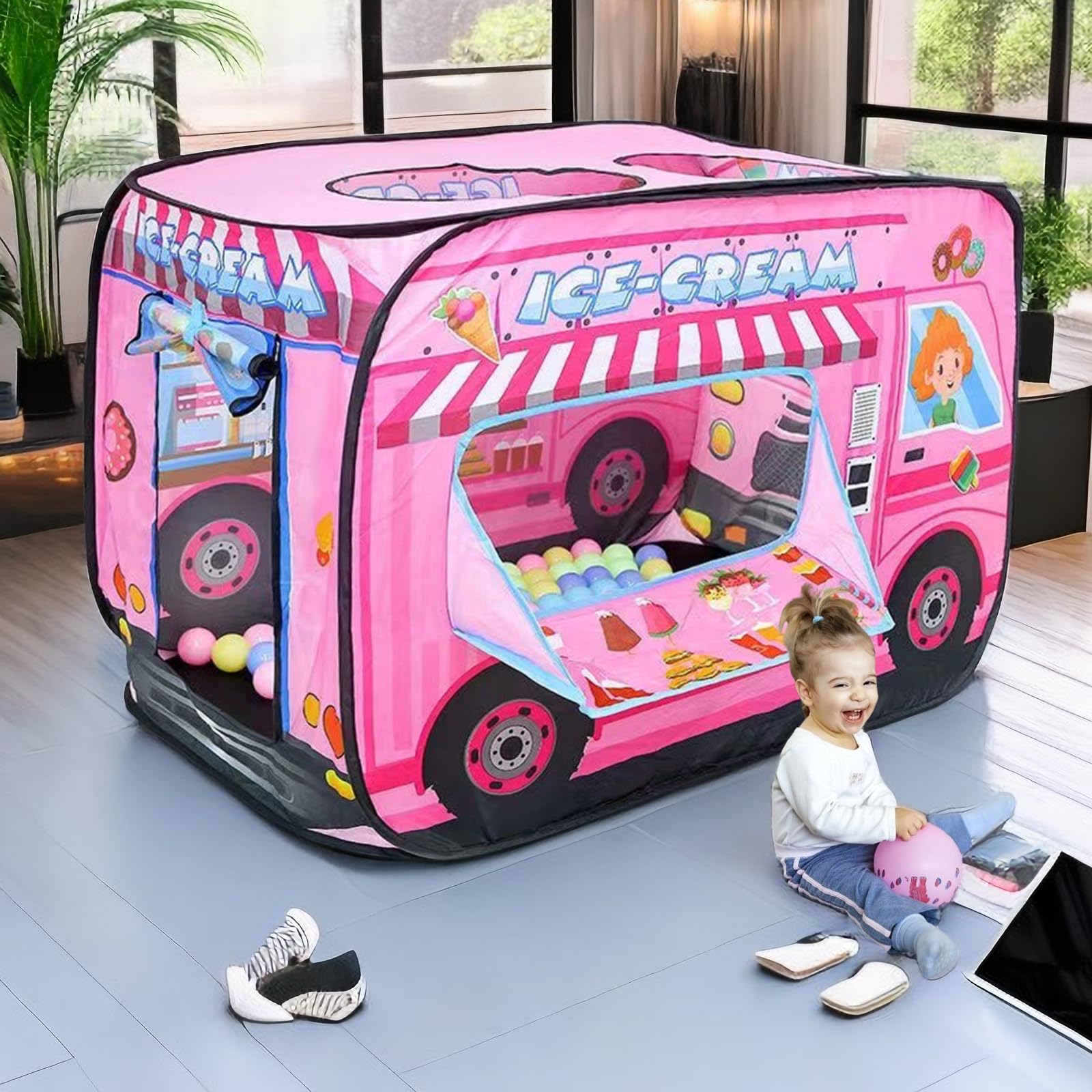 Pop Up Tent Kids:Ice Cream Truck Tent,Pop Up for Kids,Kids Play Without Installation,Suitable for 2-3 Children&for Ages 3+,Kid Play Tent Indoor for Kid Gift