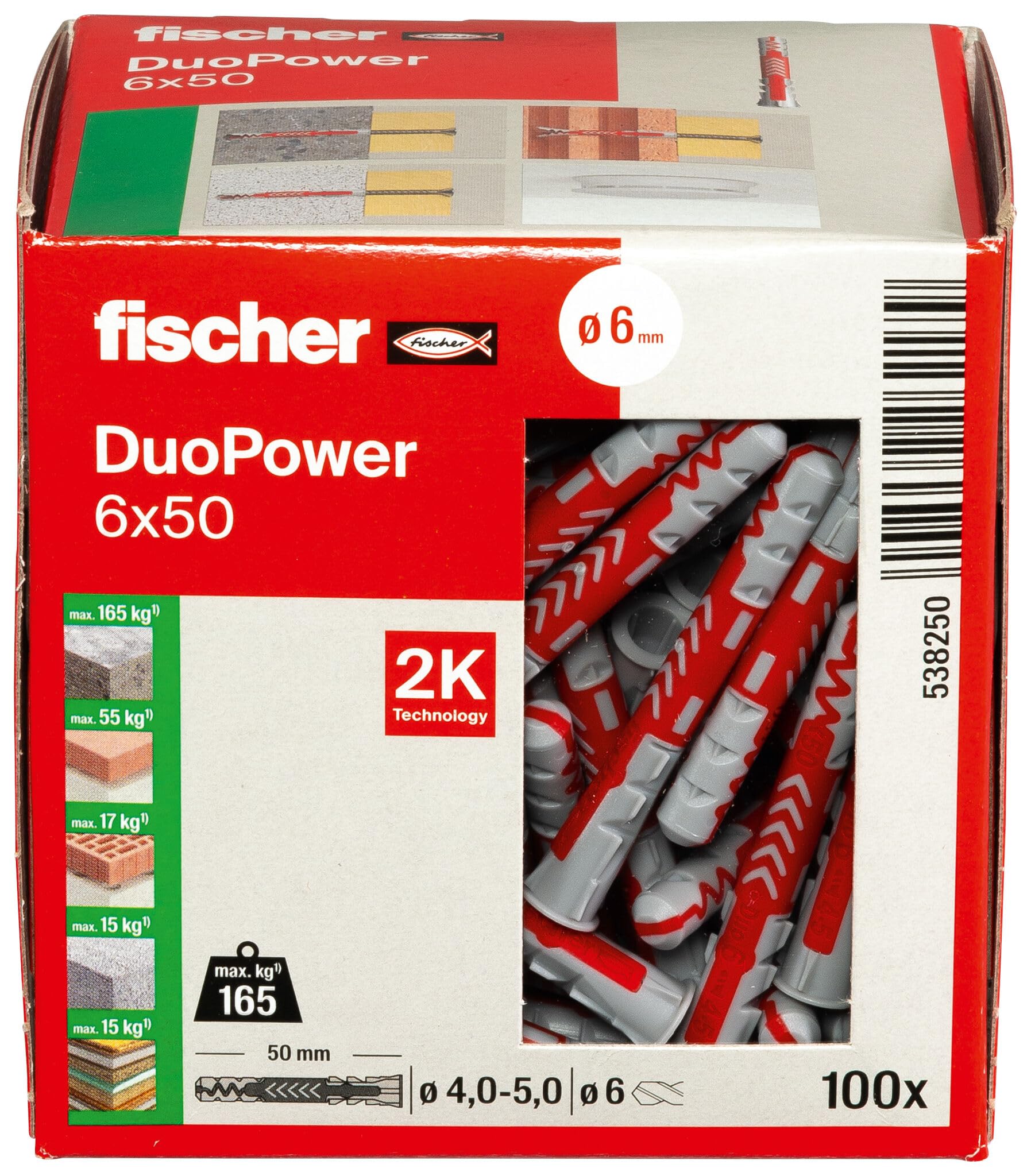 fischer DuoPower 6 x 50, Universaldübel, leistungsstarker 2-Komponenten-Dübel, Kunststoffdübel zur Befestigung in Beton, Ziegeln, Stein, Gipskarton uvm., ohne Schrauben, 100 Stück 2