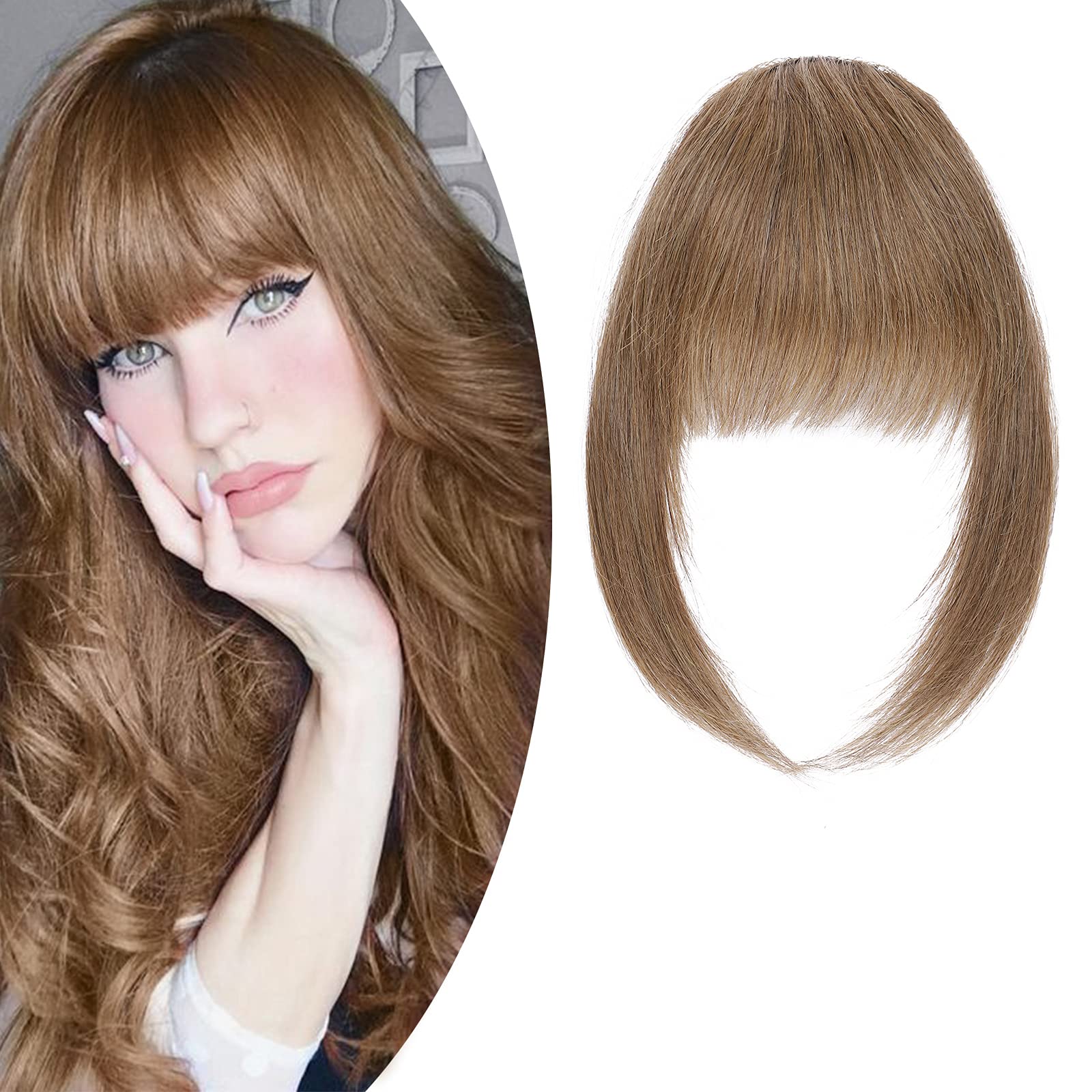 SEGO Clip in Fringe Human Hair Extensions French Style Thick Bangs [#6 Light Brown] One Piece Real Remy Hairpieces for Women Straight Clip-on Fringe (14g)