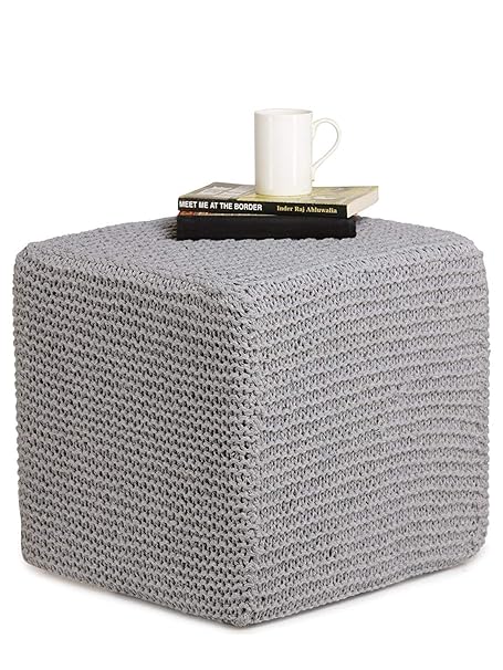 ROMEE Thermocol Hand Knitted Square Sitting Pouffe (40x40cms, Grey)
