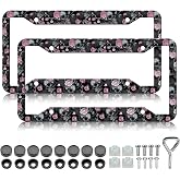 Skull License Plate Frame - 2 PCS Skeleton Flower License Plate Holder, Rust-Proof Aluminium License Plate Cover Decoration with Screws Caps for Standard Us 12x6 Inch