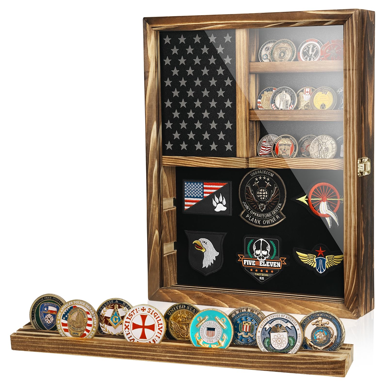 Photo 1 of MOCAS Challenge Coin Display Case, Lockable Military Coin Holder with Removable Star Board & HD Tempered Glass Door, Solid Wood Wall Mount Military Shadow Box(Small)