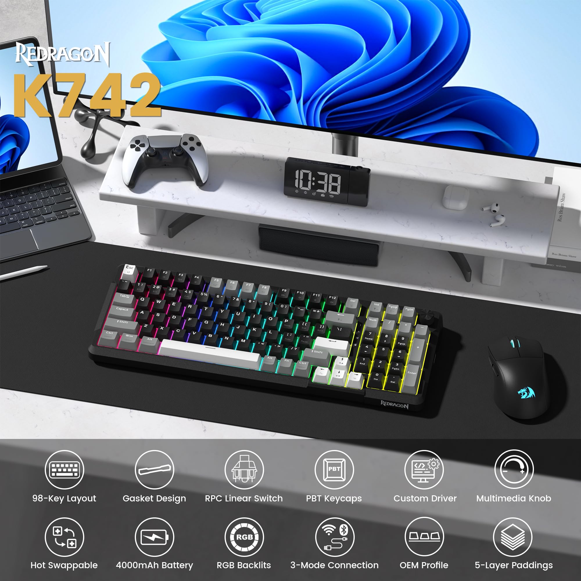 Redragon K742 Wireless Mechanical Gaming Keyboard with Knob, Bluetooth 5.0/2.4GHz/USB C Wired Creamy Keyboard with Number Pad for PC Computer, Hot Swappable RGB Backlits, Custom Linear Switch, Black