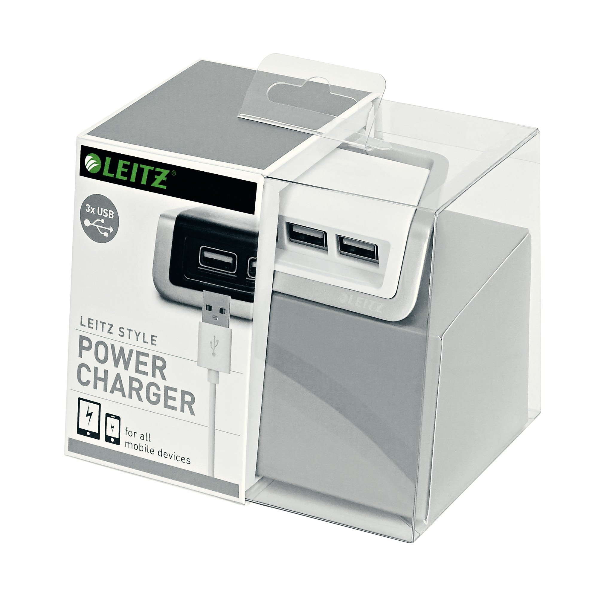 Leitz 3-Port USB Power Charging Station with Short Micro USB Cable, Style Range 62070004 - Arctic White