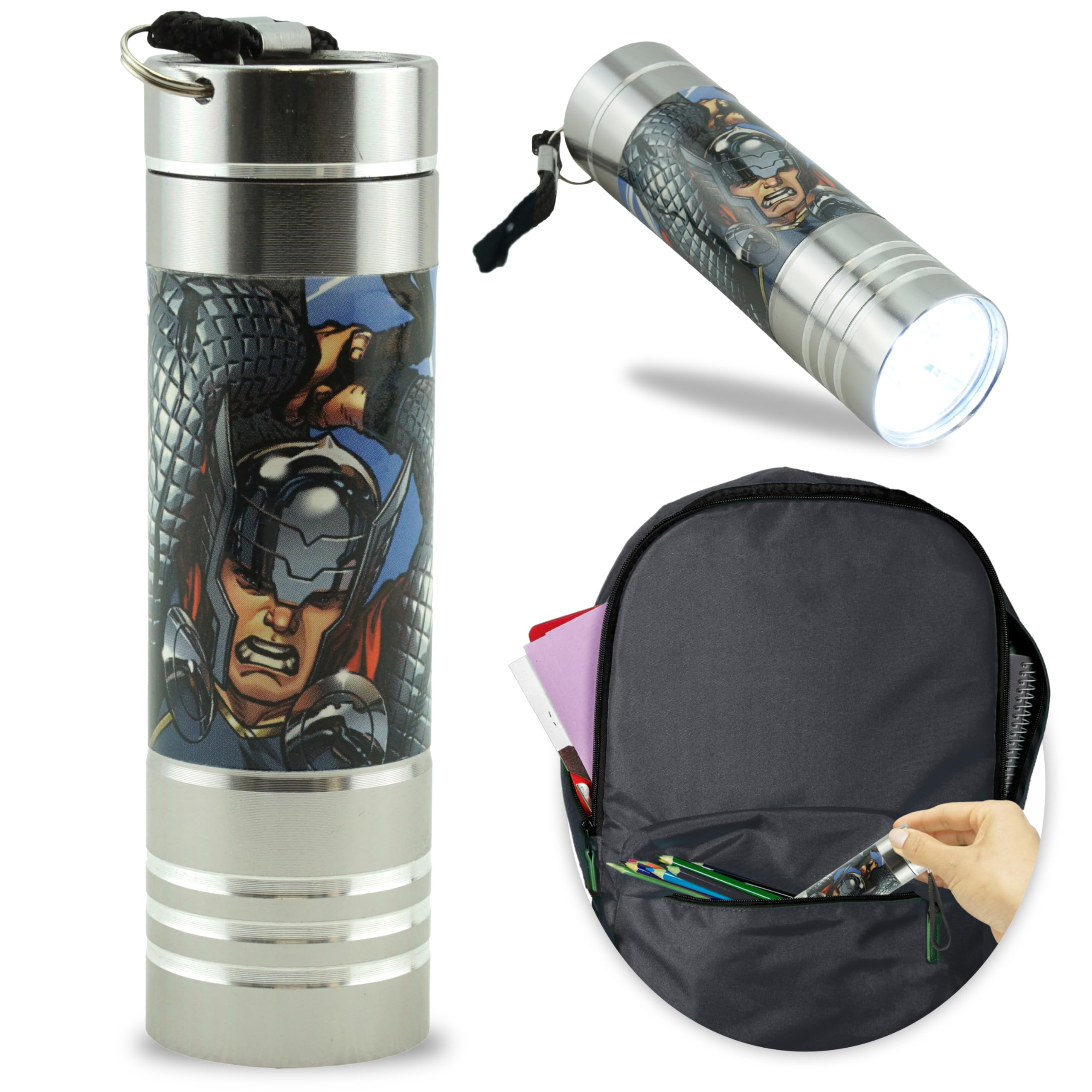 Portable Avengers 9 LEDs Torch, Aluminium Silver Mini Flashlight, 8.7cm Lightweight Torch for Kids Hiking Camping Outdoor Emergency 3+ Years