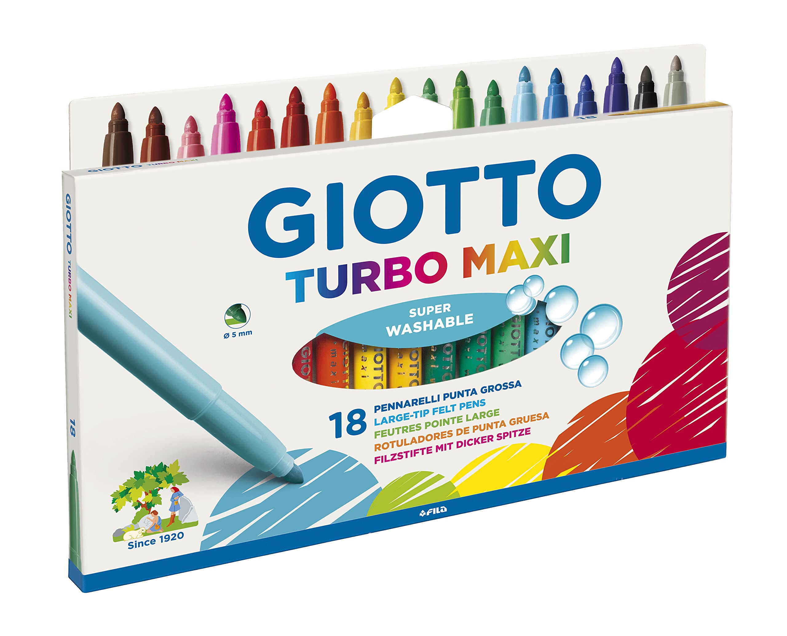 GIOTTO Turbo Maxi Super Washable Felt Tip Fibre Pens, Large Tip Nib 5mm, 18 Assorted Colours, For Children, Parties and Schools