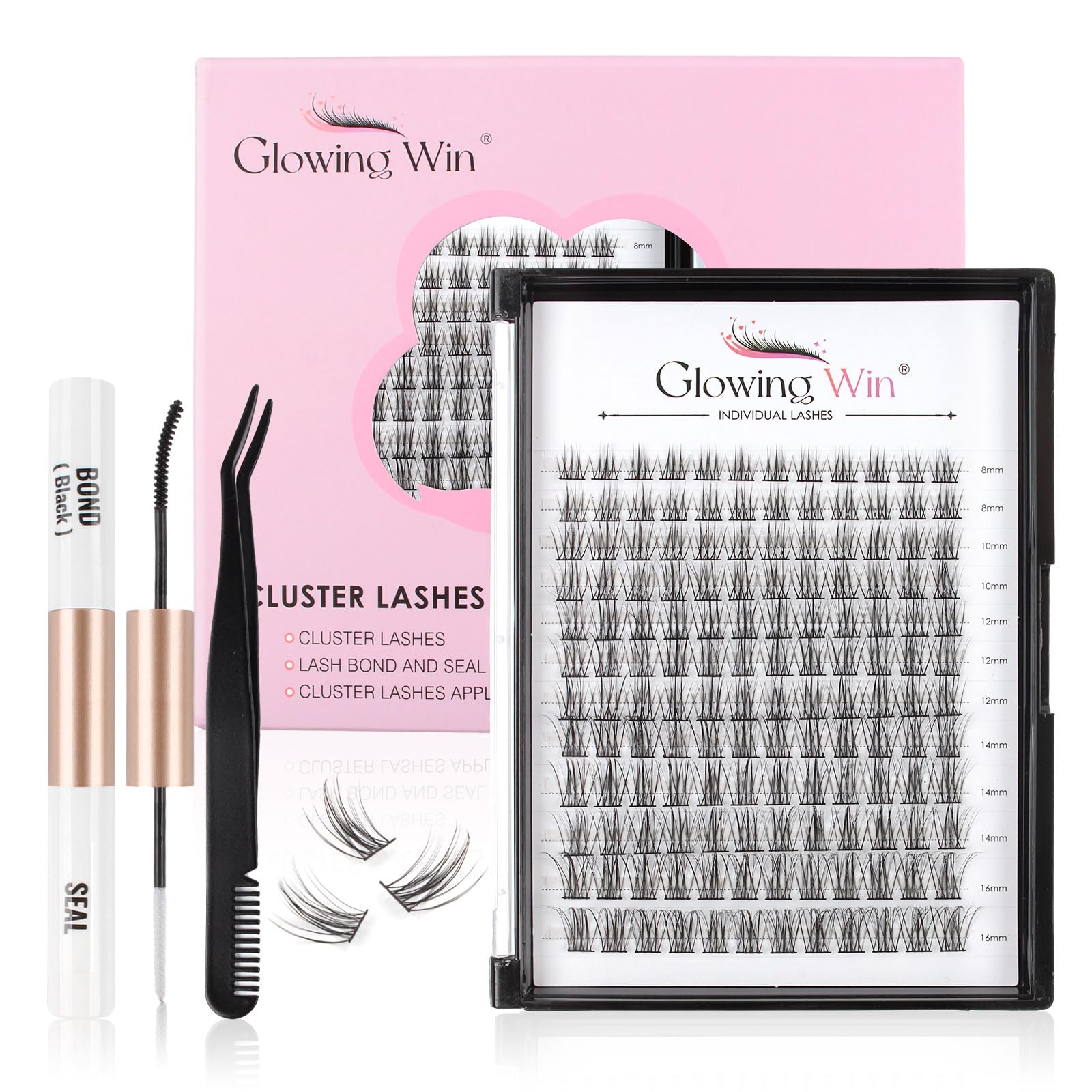 Glowing Win Cluster Lashes Kit DIY Eyelash Extensions Kit with Lash Bond&Seal and Applicator Individual Lashes Set 144PCS Wispy Lash Extensions Reusable C D durl Natural Eye Lashes Mix 8-16mm — image 1