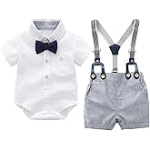 Baby Boys Gentleman Outfits Suits, Infant Short Sleeves Shirt+Bib Pants+Bow Tie Overalls Clothes Set