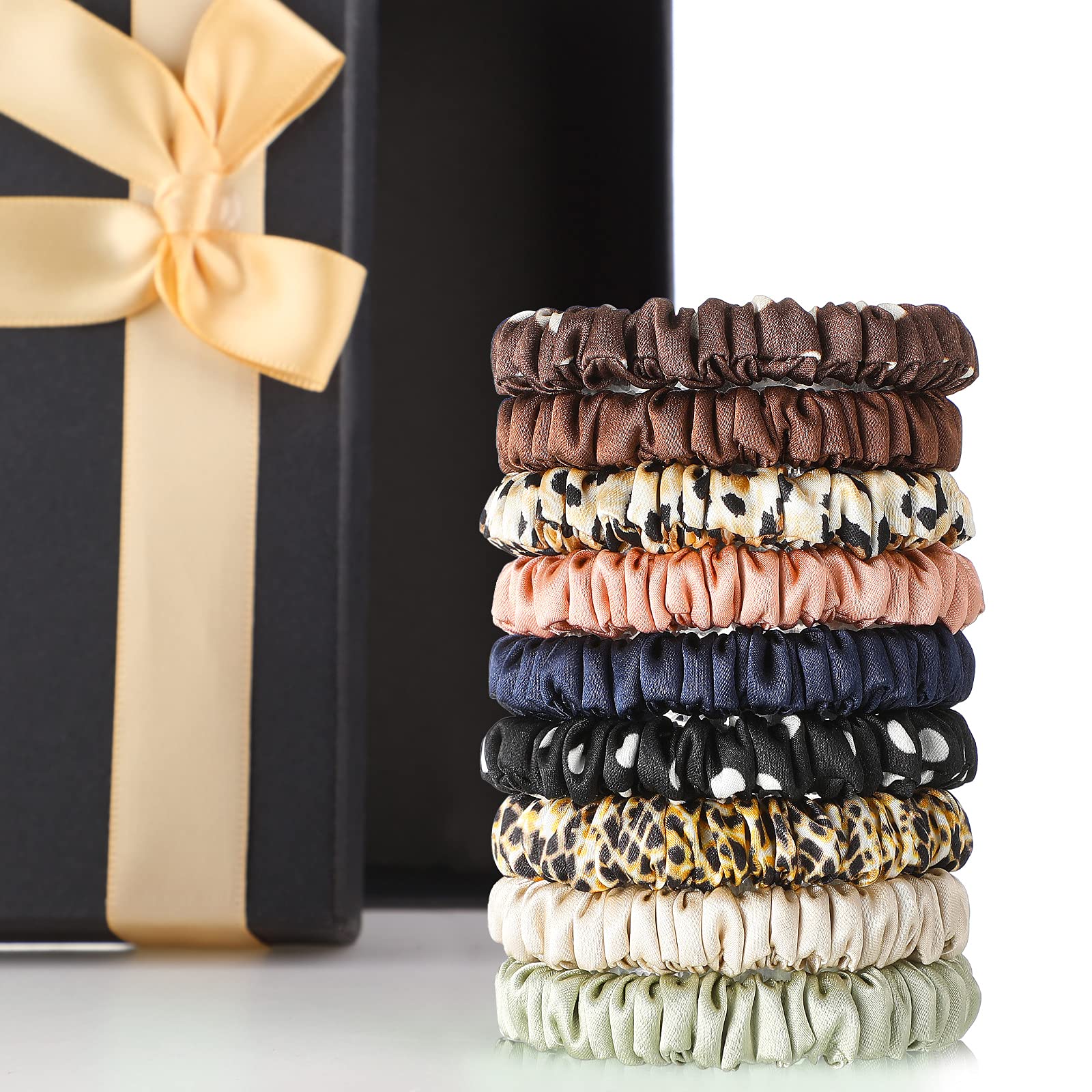 Chuangdi 9 Pieces 100% Mulberry Silk Scrunchies for Long Hair Silk Hair Ties Scrunchies for Women Girls Elastic Ponytail Holders with Gift Box(Vivid Style,Dark Colors)
