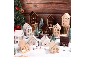Sawysine 42 Pcs Christmas Village Kit 12 Pcs DIY Gingerbread House Wood Village Houses Xmas Scene Figurines Decoration Mini Tree Candle LED Light Ornament for Winter Holiday Party (Cute Pattern)