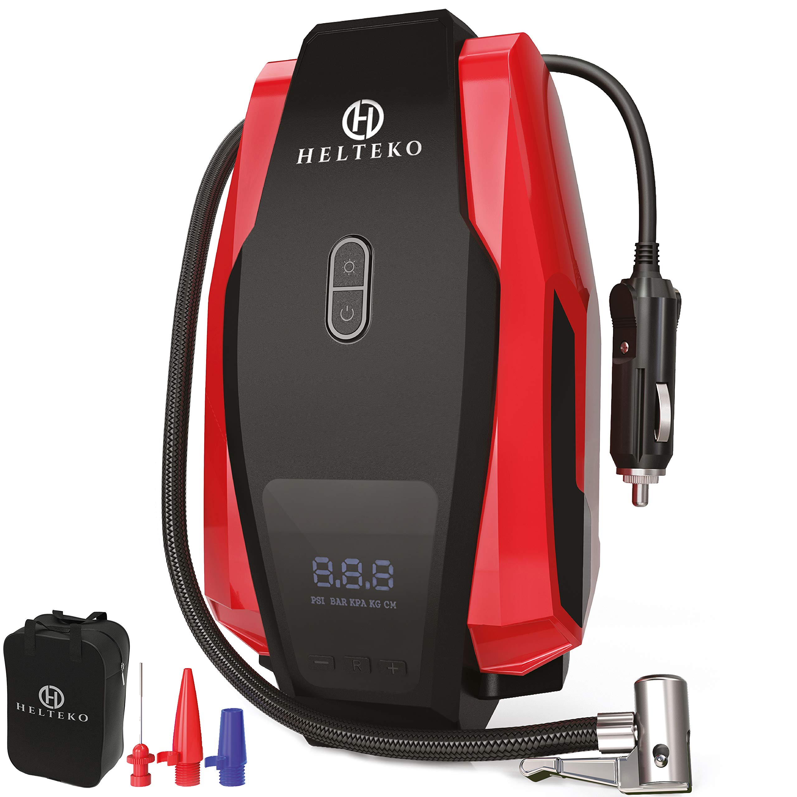 H Helteko Air Compressor Tire Inflator DC 12V, Portable Car Tire Pump w/Emergency LED Light, Long Power Cord, Auto Shut Off, Carrying Case, Electric Air Pump for Car Tire Bicycle and Other Inflatables