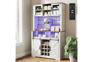 GlouMod Farmhouse Coffee Bar Cabinet with Sliding Barn Door, 70" Tall Kitchen Hutch China Cabinet w/Wine Rack, Power Outlet & Lighting, Liquor bar Station Food Pantry Storage Cabinet for Home, White