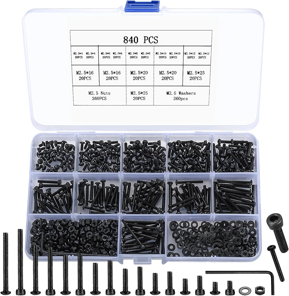 HAOCHEN M2.5 Screw Set 840Pcs Hex Button Pan Flat Head Nuts Washers Carbon Steel