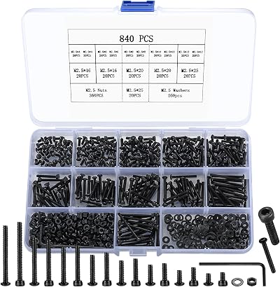 HAOCHEN M2.5 Screw Set 840Pcs Hex Button Pan Flat Head Nuts Washers Carbon Steel