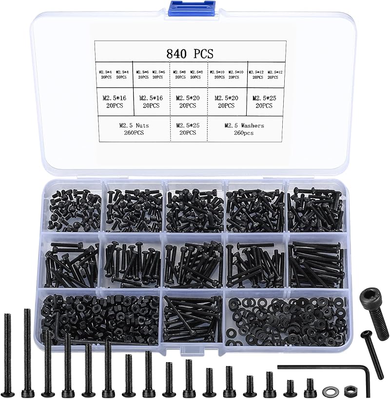 HAOCHEN M2.5 Screw Set 840Pcs Hex Button Pan Flat Head Nuts Washers Carbon Steel