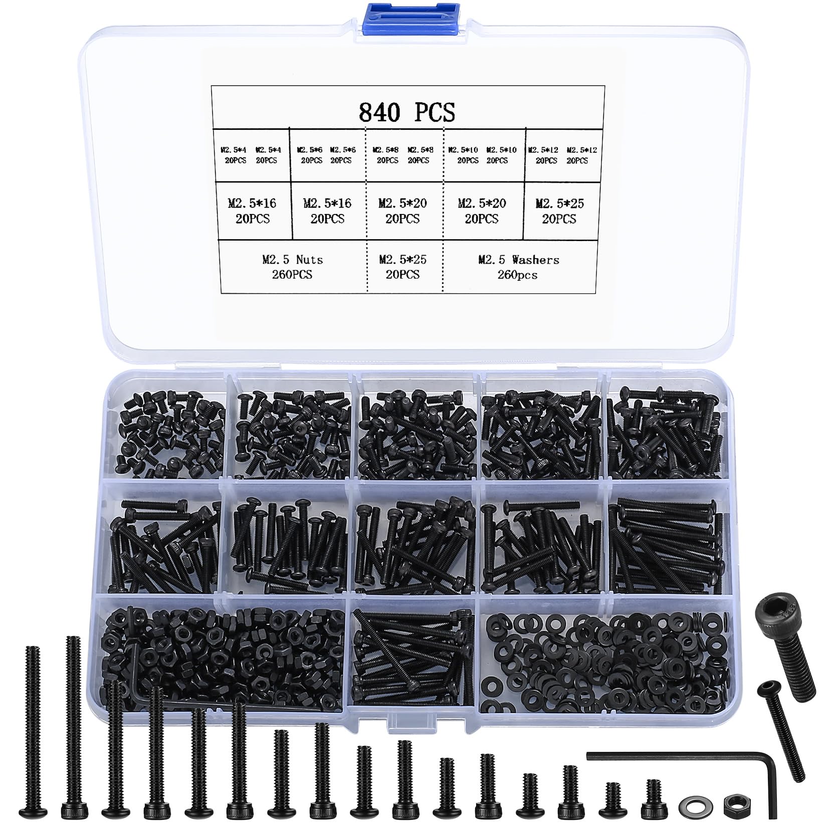 M2.5 Screw Set, 840 Hex Head Screws with Pan Head, Cylinder Screws Nuts and Washers Assortment Kit, Thread Cylinder, Carbon Steel Screw Set — image 1