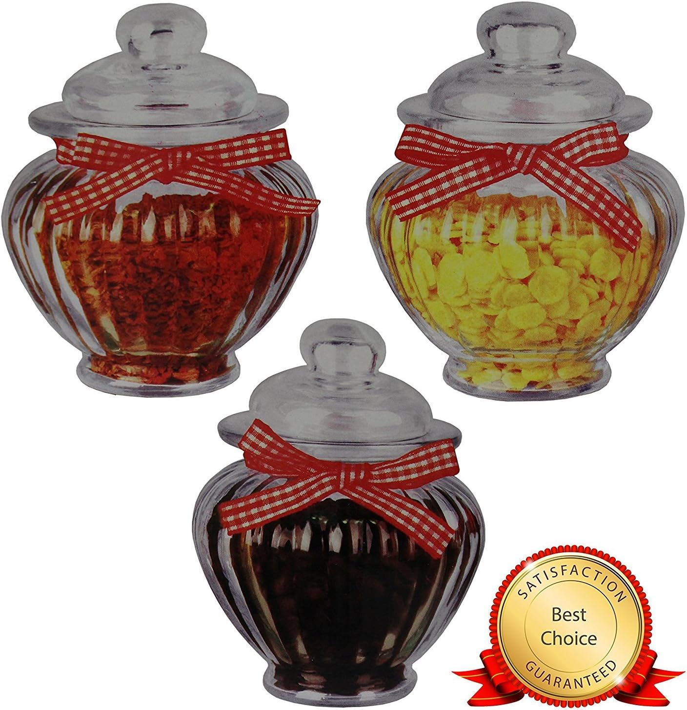 Cute Glass Jar Container with Ribbon - Great for your Favorite Spices or Candies - Ideal for Gifts, Weddings, And more - Great Quality - (Set of 3)