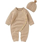 Kutterild Newborn Baby Boy Girl Footie Romper Waffle Knit Side Button Jumpsuit Infant Sweater Coverall with Hat